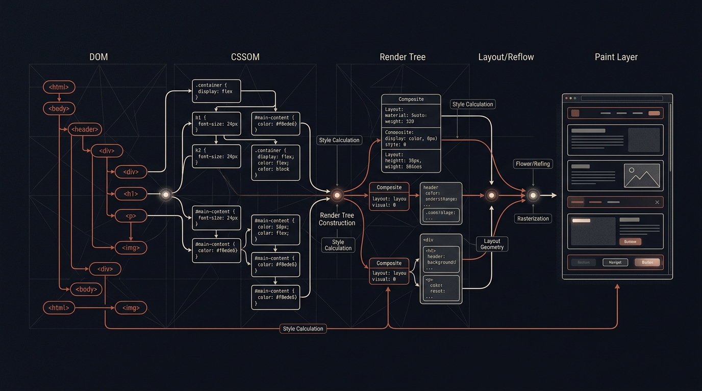 A conceptual diagram showing the flow from HTML parsing to the final painted pixels on a browser screen.